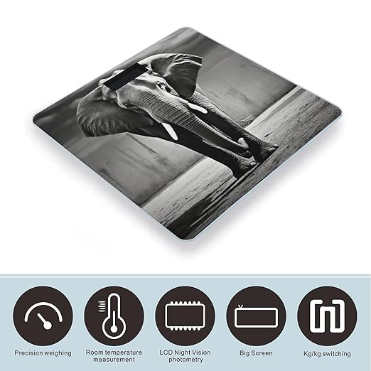 Black and White Elephant Scale for Body Weight Anti-Slip Tempered Glass Digital Bathroom Scales Clear LCD Display Weighing Scale Safe Rounded Corners Smart Scales