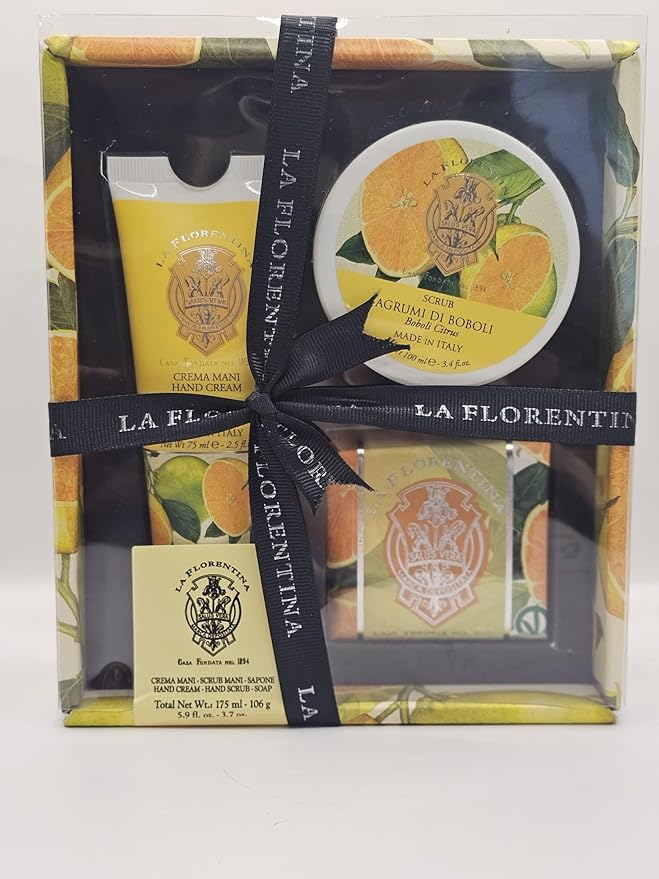 LA FLORENTINA Citrus Gift Set Italian Luxury Bath Collection with Hand Cream Hand Scrub and Soap Bar Boboli Agrumi Fragrance Made in Italy
