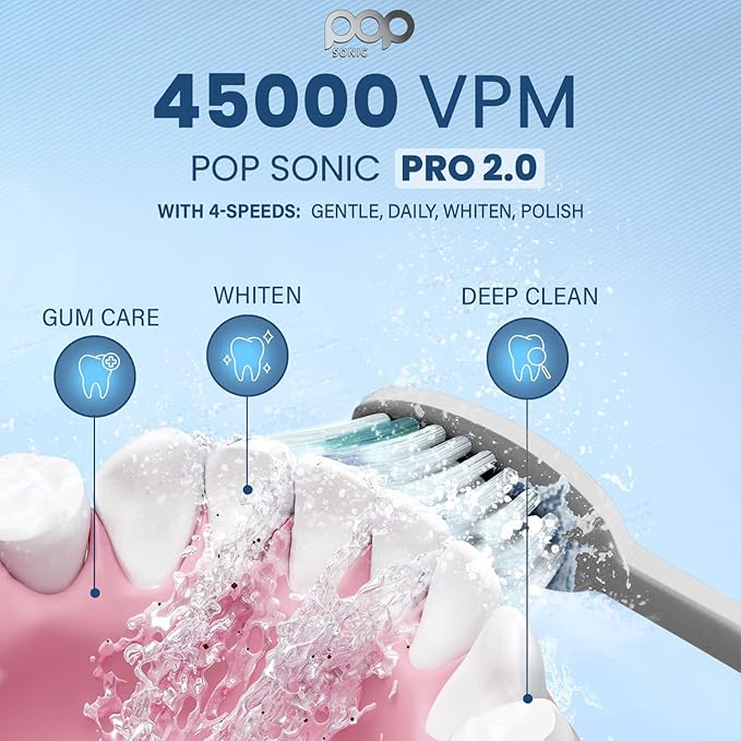 Pop Sonic Pro 2.0 Electric Toothbrush (White) Rechargeable Sonic Toothbrush with 45000 Vibrations Per Minute &amp 4 Cleaning Modes for Adults &amp Kids with Long Lasting Dupont Nylon Bristles
