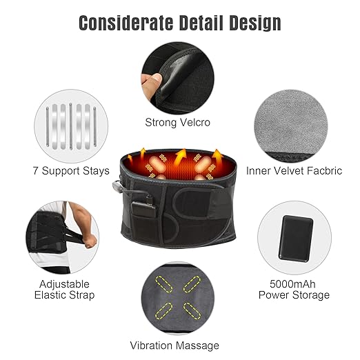 Heated Back Brace with Massage Rechargeable Heating Pad for Back Pain Relief Adjustable Back Support Belt with Heat Therapy and Vibration Massager for Men and Women XL