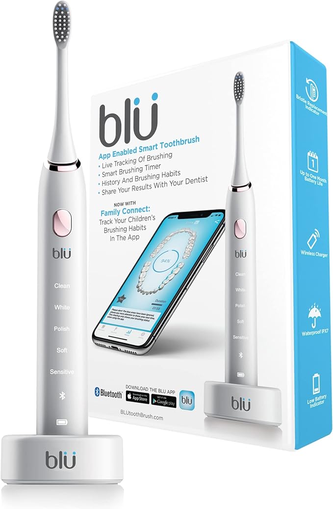 Blu Smart Electric Toothbrush Power Sonic Toothbrush with Interactive Live Tracking App for Adults (White)