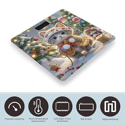 Cute Cat Sing Christmas Carols Bathroom Scale for Body Weight Bathroom Weighing Scales with Back Lit LED Display Sturdy Tempered Glass Body Weight Bathroom Scale 400lb Weighing