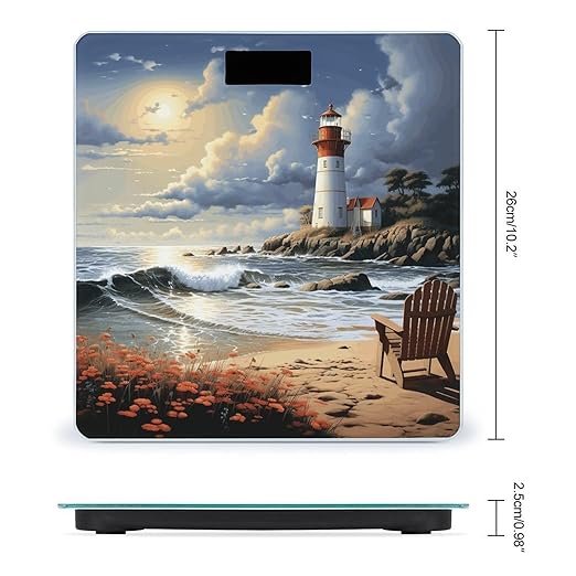 Sea Lighthouse Sandbeach Scale for Body Weight High Precision Digital Weight Scales with LCD Display Anti-Slip Sturdy Slim Tempered Glass Bathroom Scale for Home Use