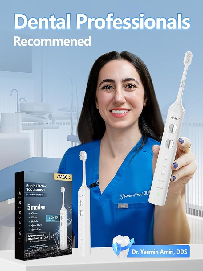7MAGIC Sonic Electric Toothbrush for Adults and Kids - Up to 180 Days Runtime 42000 VPM Powered Toothbrush 5 Modes &amp 3 Intensities for Sensitive Teeth &amp Braces Includes 8 Brush Heads White