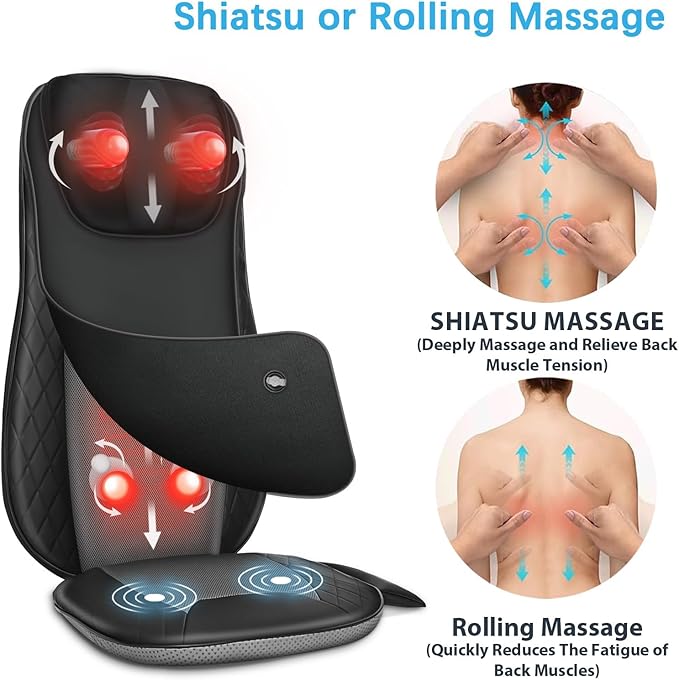Shiatsu Neck &amp Back Massager with Heat Massage Chair Pad Cushion for Stress Relief Inflatable Flaps Back Support Kneading or Rolling Chair Seat Massage