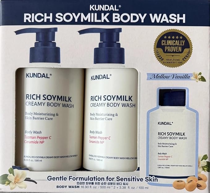 Mellow Vanilla Rich Soymilk Body Wash – Deep Moisturizing &amp Skin Barrier Enhancing Cleanser Soy-Based Hydration 16.9 fl oz x 2 + Travel Size