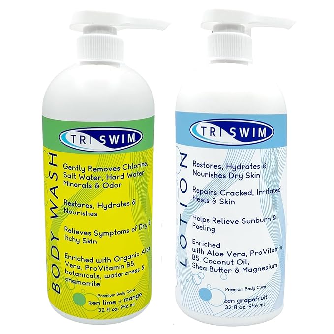 TRISWIM 32oz Swim Skin Care Set | Chlorine Removal Body Wash &amp After Swim Lotion with Pump | Removes Chlorine &amp Moisturizes Skin After Swimming | Professional Swimmer Care