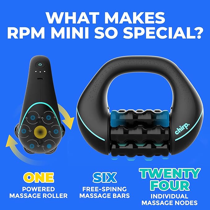 Chirp RPM Mini - Rolling Percussive Massager Percussive Therapy Whole Body Relief Deep Tissue and Muscle Recovery Percussion Massage Rechargeable Hands-Free Base Powerful 3-Speed Spin