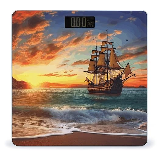 Pirate Ship in The Sunset Scale with LCD Precision Weighing Scales Sturdy Tempered Glass Weight Scales Easy-to-Read Anti-Slip Weight Digital Bathroom Scale for Daily