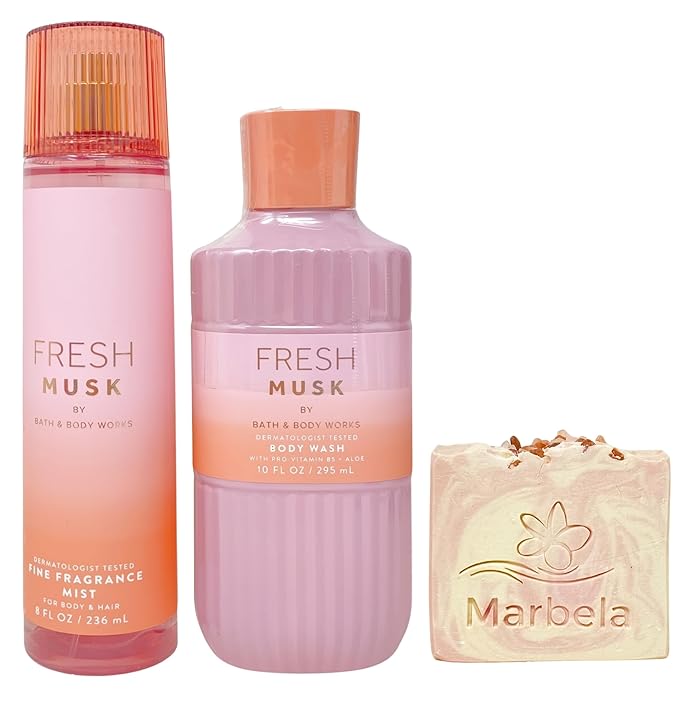 Bath &amp Body Works Fresh Musk Fine Fragrance Mist and Body Wash with a Himalayan Salts Springs Bar Soap