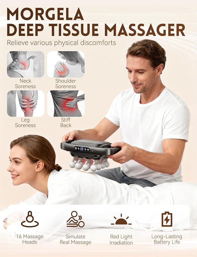 Veloreva Massager 2026 New 16 Head Massage Gun Deep Tissue 3 Modes 30 Speeds &amp 50kg Thrust Pro Neck Massager with Long-Lasting Battery Quiet Cordless for Neck Waist Body Muscle (16-Head-Whit