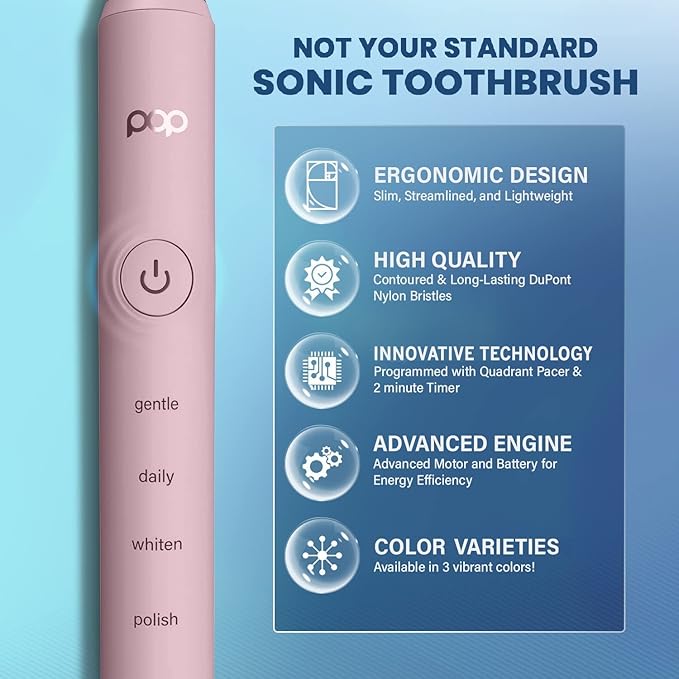 Pop Sonic Pro 2.0 Electric Toothbrush (Pink) Rechargeable Sonic Toothbrush with 45000 Vibrations Per Minute &amp 4 Cleaning Modes for Adults &amp Kids with Long Lasting Dupont Nylon Bristles