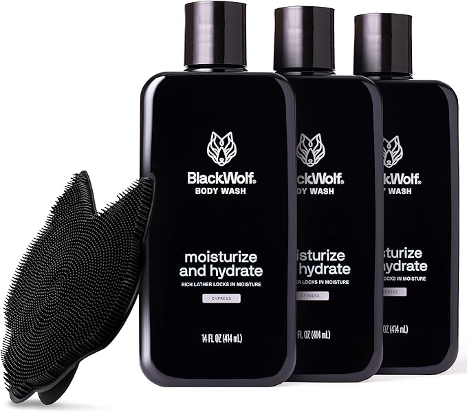 Black Wolf 3-Pack Moisturizing Body Wash &amp Silicone Body Scrubber Kit for Men - Mens Hydrating Bodywash for Dry Dehydrated &amp Sensitive Skin - Men's Shower &amp Bathroom Essentials Gift Set