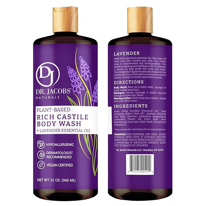 Dr. Jacobs Naturals Castile Lavender All-Natural Body Wash for Moisturizing Dry and Sensitive Skin with Plant-Based Ingredients with Pump - 32 Ounce
