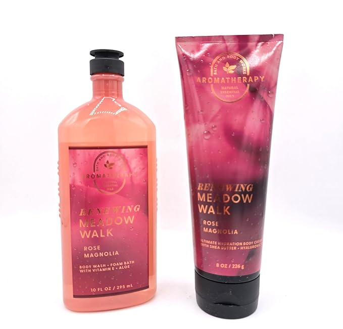 Bath and Body Aromatherapy Renewing Meadow Walk Rose Magnolia Body Wash and Body Cream Set 10 fl oz and 8 oz