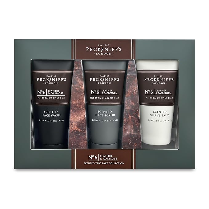 Pecksniff’s Men’s Trio Face Collection – Leather &amp Oakmoss – Face Wash Scrub &amp Shave Balm Gift Set 3 x 75ml