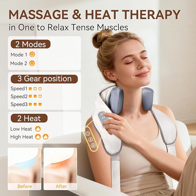 Cordless 4D Shiatsu Neck Massager with Heat - Deep Tissue Kneading Pillow for Back &amp Leg Pain Relief Portable Rechargeable Gift for Men &amp Women Ivory White