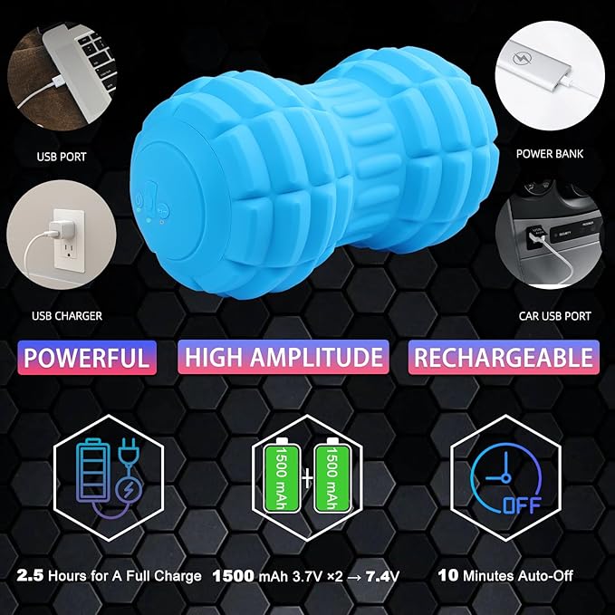 Vibrating Peanut Massage Ball – Back Neck Hip Calf Leg &amp Foot Muscle Roller Trigger Point Massage Ball for Deep Tissue Myofascial Release Silicone Shell 4-Speed (Blue)