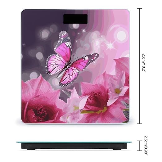 Pink Flower and Butterfly Scale for Body Weight Anti-Slip Digital Bathroom Scale Sturdy Toughened Glass Weighing Scales High Precision Safe Rounded Corners Smart Scales