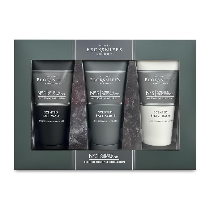 Pecksniff’s Men’s Trio Collection – Amber &amp Oud Wood – Face Wash Scrub &amp Shave Balm Gift Set 3 x 75ml