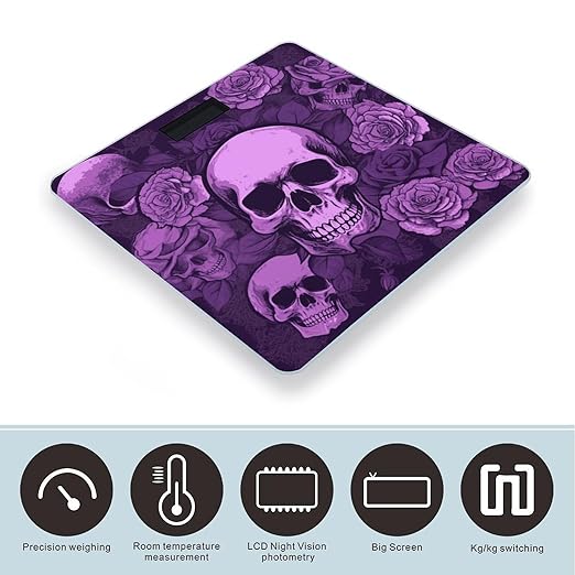 Purple Skulls and RosesScale for Body Weight with LCD High Precision Weighing Scales Fashion Sturdy Tempered Glass Weight Scales Easy-to-Read Digital Bathroom Scale for Daily 400lb