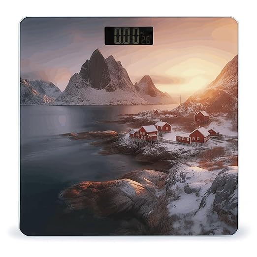 Sunrise Over Hamnoy Scale for Body Weight Anti-Slip Tempered Glass Digital Bathroom Scales Clear LCD Display Weighing Scale Safe Rounded Corners Smart Scales
