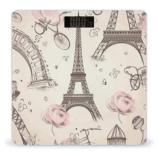 The Eiffel Tower and A Bicycle Scale for Body Weight Anti-Slip Tempered Glass Digital Bathroom Scales Clear LCD Display Weighing Scale Safe Rounded Corners Smart Scales