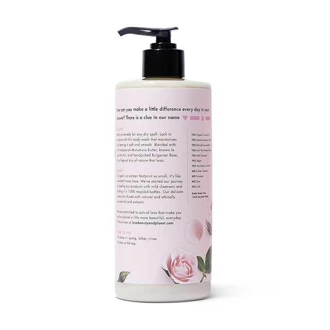 Love Beauty And Planet Bountiful Moisture Body Wash to Clean Hydrate Skin Murumuru Butter Silicone Free Paraben Free Vegan rose 16 Fl Oz
