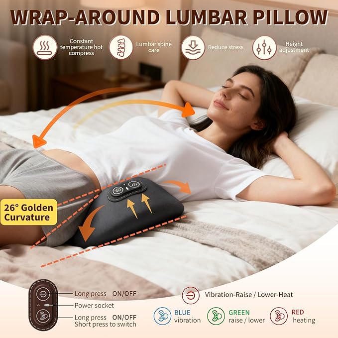 Portable 3-in-1 Rechargeable Pillow: Triple Fusion Back Massager Smooth Spine Massager Sciatica &amp Lumbar Massager with Heat Vibration Traction