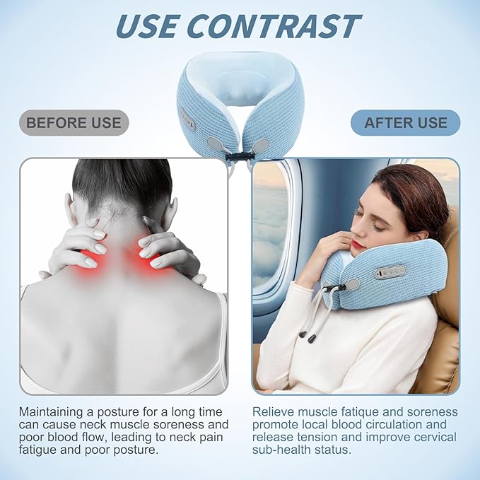 Electric Neck MassagerPortable Travel Pillow with Massage and HeatRechargeable Vibrating Neck Pillow MassagerPerfect for Pain Relief at Home OfficeTravelFathers Day Gift Ideas(Blue)