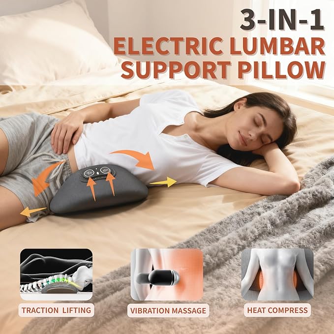 Portable 3-in-1 Rechargeable Pillow: Triple Fusion Back Massager Smooth Spine Massager Sciatica &amp Lumbar Massager with Heat Vibration Traction