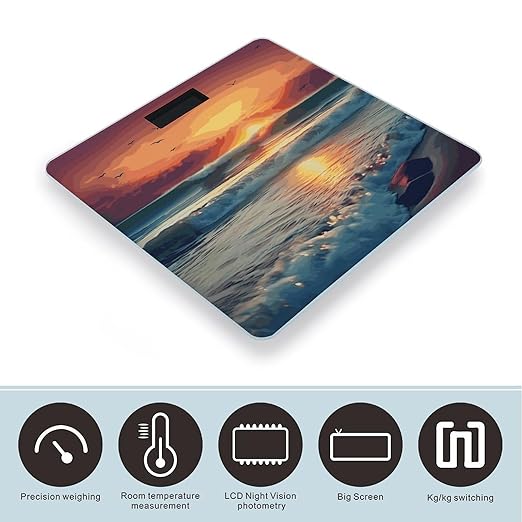 Sunset Seaside Weight Scale Digital Electronic Scales Bathroom Scale Larg LCD Backlight Display High Precision MeasurementsTempered Glass