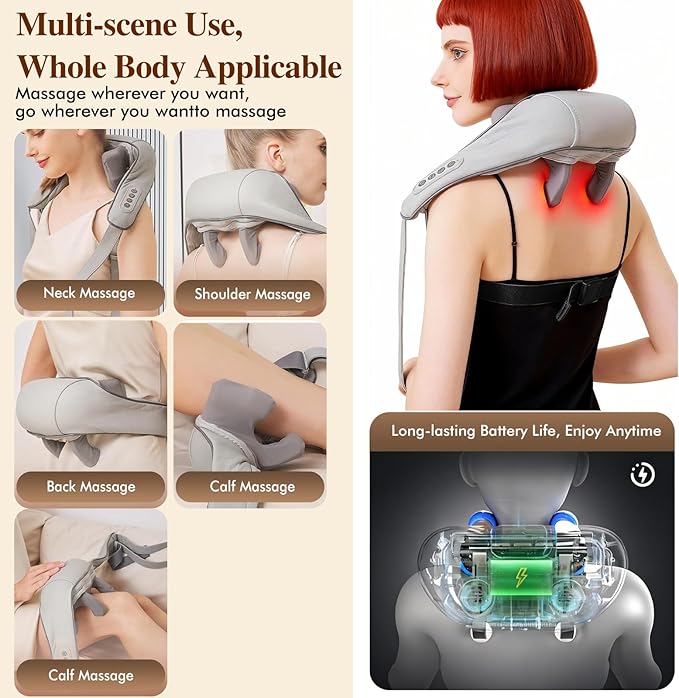 Neck Massager with Heat - Neck Massager for Pain Relief Deep Tissue with 6 Heads 3-Speed Electric Cordless 6D Deep Kneading Shoulder Massager Home Office Car Use Gifts for Men Women
