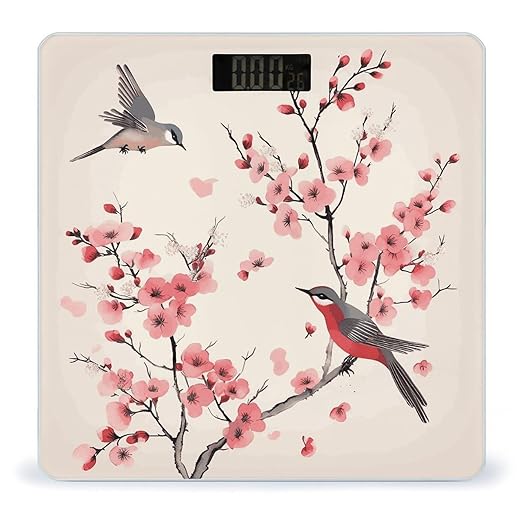 Cherry Branches Flowers Birds Scale for Body Weight Sturdy Tempered Glass Weighing Scales with LCD Display Accurate Digital Bathroom Scale Convenient Body Fat Smart Scales 400lb