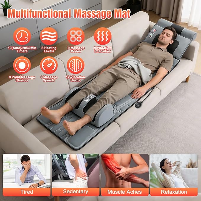Full Body Massage Mat with Heat 12 Vibration Nodes Massage Chair Pad with 3 Heating Levels Multifunctional Full Body Flannel Seat Back Massager with Head Neck Foot Massage Pillow for Home Office