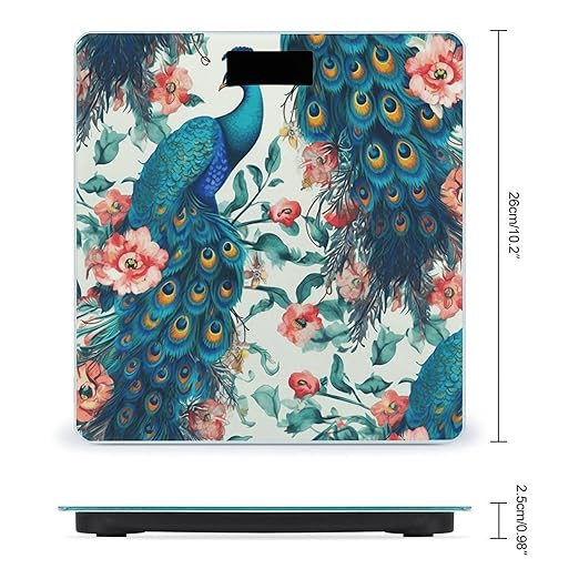 Beautiful Peacock Flowers Scale for Body Weight Safe Rounded Corners Tempered Glass Digital Bathroom Scale LED Display 400lb Capacity Weight Scales with High Precision Sensors