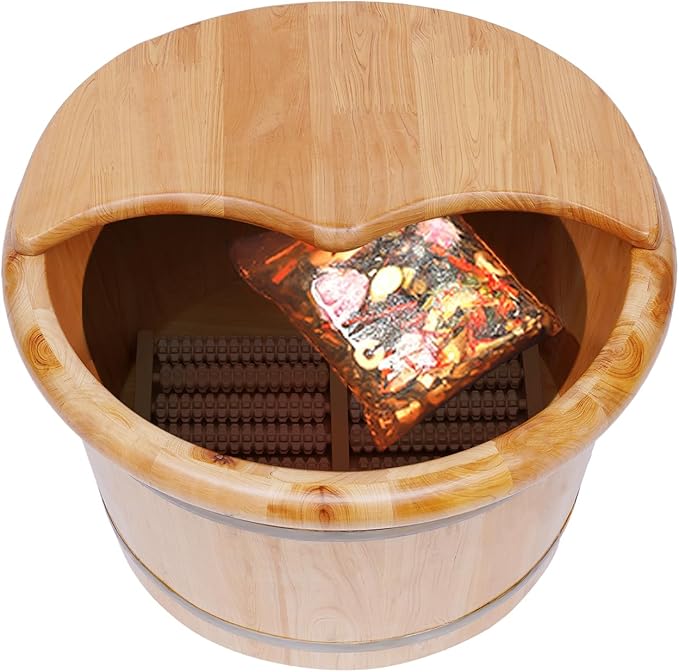 Wooden Foot Basin SetFoot Basin Wooden Foot Bath Bucket Foot Basin Wooden with Massage Roller and Lid Foot Tub with lid Foot Bath for Soaking Feet Spa Foot Care for WashingSoak Massage
