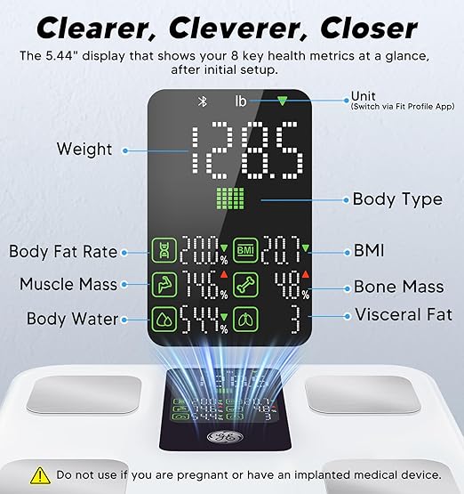 GE Smart Body Weight Scale with 8-in-1 Display for BMI Body Fat Muscle Mass Digital Bathroom Bluetooth Scale 14 Composition Analyzer for Health Monitoring 11.8 Accurate 400lb Weighing White
