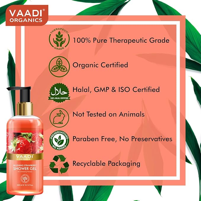 Vaadi Herbals Shower Gel - Sulfate-Free - Herbal Body Wash Both For Men And Women - 300 Ml (10.14 Fl Oz) - (Blushing Strawberry) (2 Bottles)