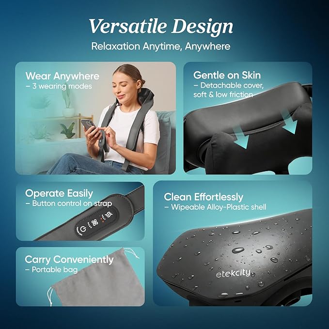 Etekcity FSA Eligible Cordless Neck Massager for Pain Relief Deep Tissue Shiatsu Shoulder Massager with Heat Massage Tools for Trapezius Lymphatic Drainage Relaxation Therapy HSA Items Cadeo