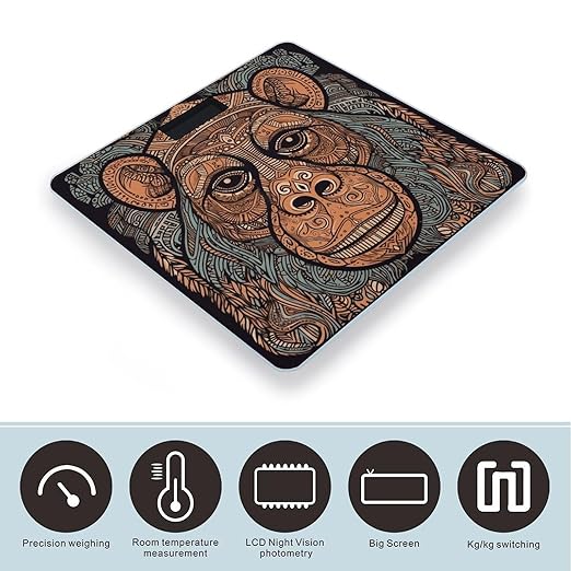 Orangutan Tribal Pattern Scale for Body Weight Accurate Digital Bathroom Scale Toughened Glass High Precision Scales Smart Weight Scales with Large LCD Backlight Display Weighing Machine