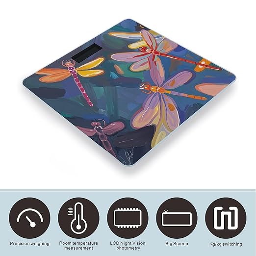 Hand Painted Dragonfly Scale for Body Weight Digital Bathroom Scale Toughened Glass High Precision Scales for Body Weight with Large LCD Backlight Display Weight Scales