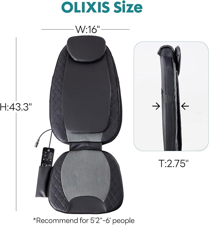 OLIXIS Massage Chair Pad with Heat Chair Massager with 4 Deep-Kneading for Office Home Shiatsu Back Massager for Pain Relief Portable Folding Grey