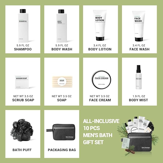 Gifts for Men 10Pcs Body Wash Seyts with Toiletry Bag Cedar Scents Brithday Gift Baskets for Men Christmas Fathers Day Gifts