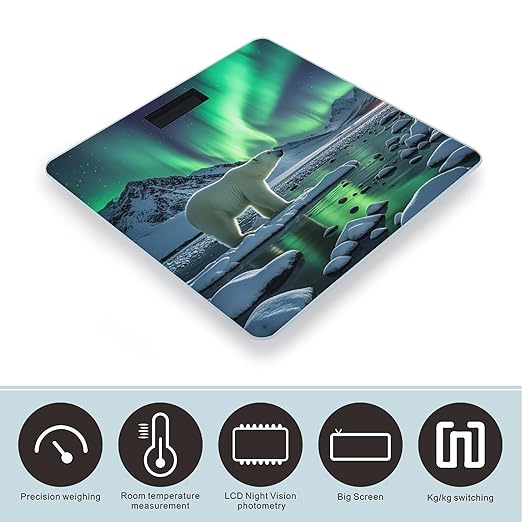 Polar Bears Northern Lights Bathroom Scale for Body Weight with High Precision Large LCD Backlight Display Digital Weighing Scale with BMI Capacity Up to 180kg