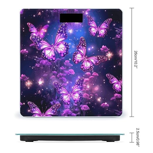 Purple Cute Butterfly Print Scale for Body Weight Anti-Slip Tempered Glass Digital Bathroom Scales Clear LCD Display Weighing Scale Safe Rounded Corners Smart Scales