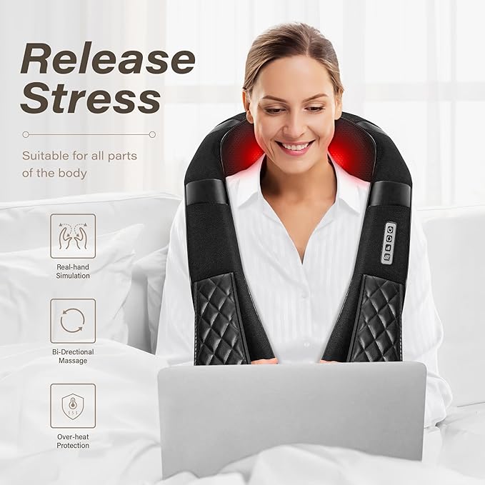 Blue Elf Shiatsu Electric Neck Back Massager Pillow 3D Kneading with Heat for Shoulder Lower Back Foot Leg Muscles Pain Relief Relax in Car Office and Home (Black)