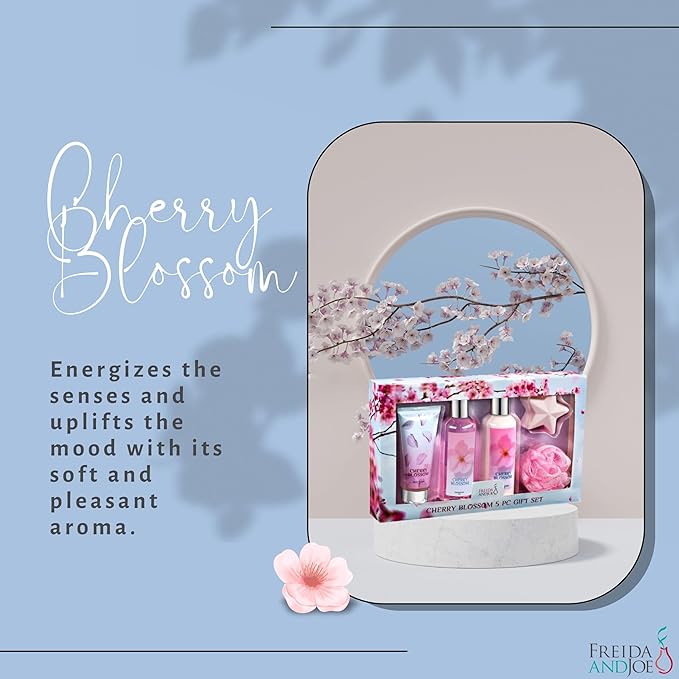 Fragrance Bath &amp Body Collection Gift Box Includes Shower Gel Body Lotion Body Scrub Bath Bomb &amp Sponge (Blue Cherry Blossom) – Mother's Day Gift for Mom
