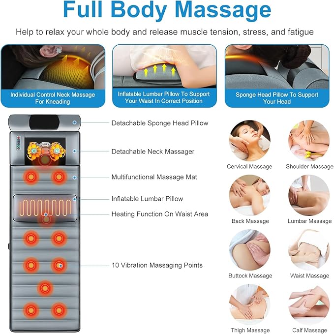KOCASO Full Body Massage Mat with Heat - 10 Vibration Motors &amp 9 Modes Electric Neck Massager with with ith Neck Back Massager Lumbar Pillow Timer Anti-Slip Bottom Back Massage Mattress Chair Pad