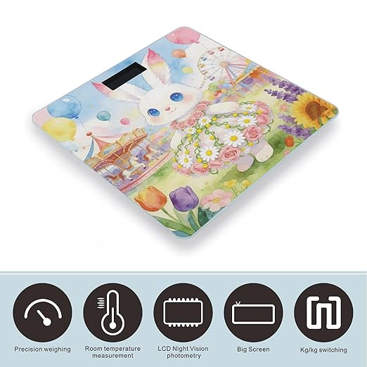 Flowered Dress Rabbit Smart Scale for Body Weight Digital Bathroom Scale Toughened Glass Weight Scale with Large LCD Backlight Display High Precision Scales Weighing Machine